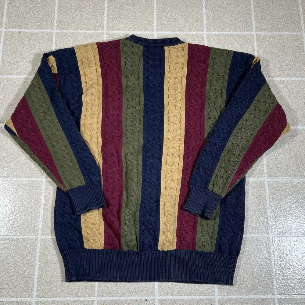 Vintage Sweater Slazenger Golf Size L 80s Color block Striped Cable Knit Cotton
